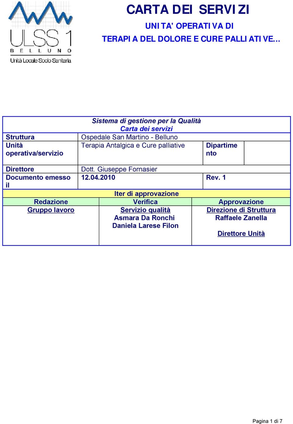 Terapia Antalgica e Cure palliative Dipartime nto Direttore Dott. Giuseppe Fornasier Documento emesso 12.04.2010 Rev.