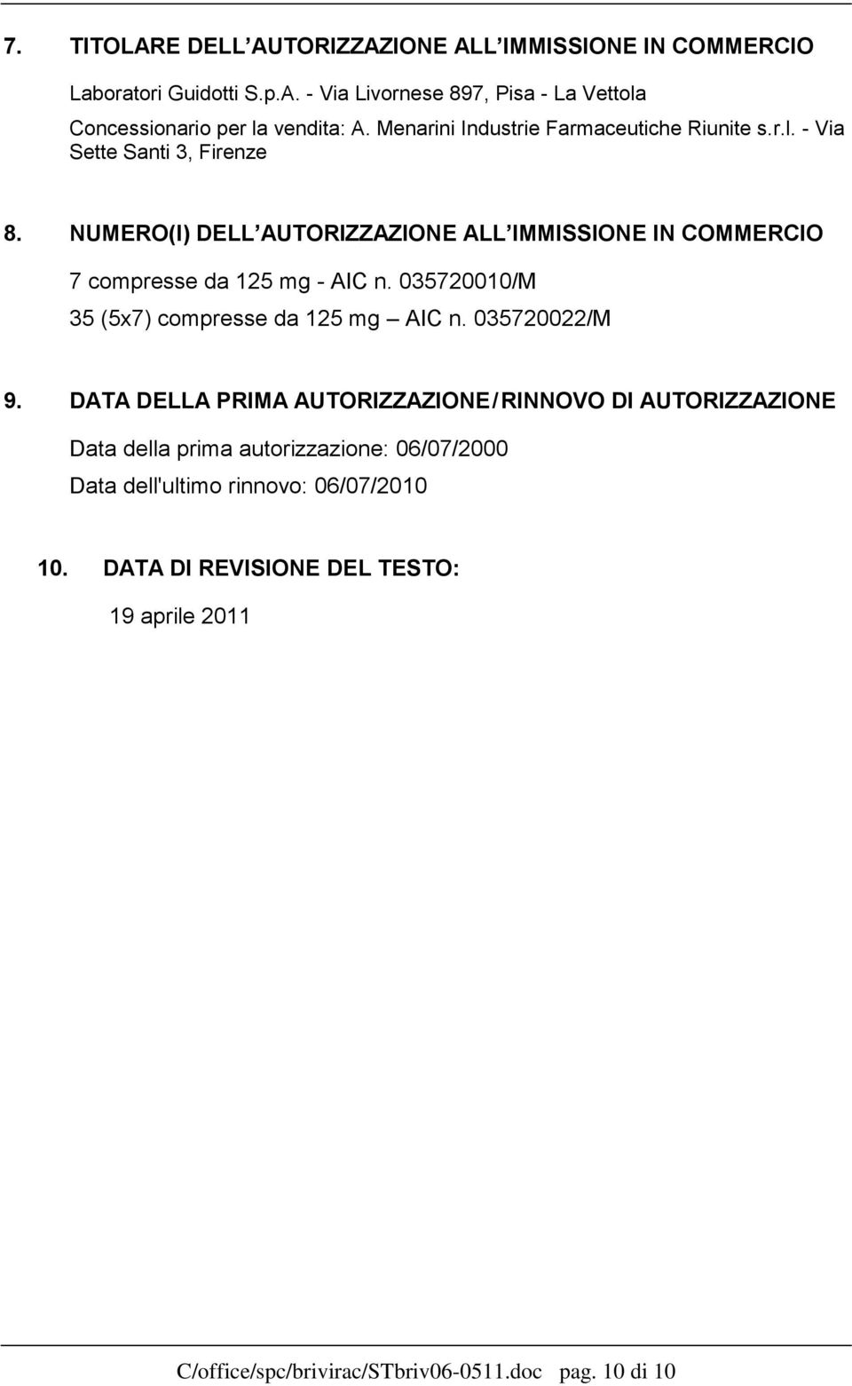 NUMERO(I) DELL AUTORIZZAZIONE ALL IMMISSIONE IN COMMERCIO 7 compresse da 125 mg - AIC n. 035720010/M 35 (5x7) compresse da 125 mg AIC n. 035720022/M 9.