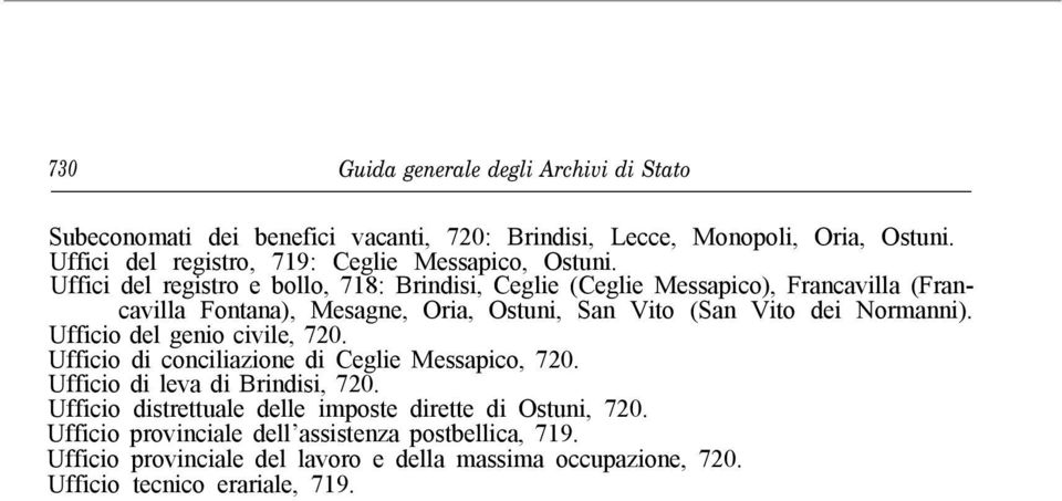 Uffici del registro e bollo, 718: Brindisi, Ceglie (Ceglie Messapico), Francavilla (Francavilla Fontana), Mesagne, Oria, Ostuni, San Vito (San Vito dei Normanni).