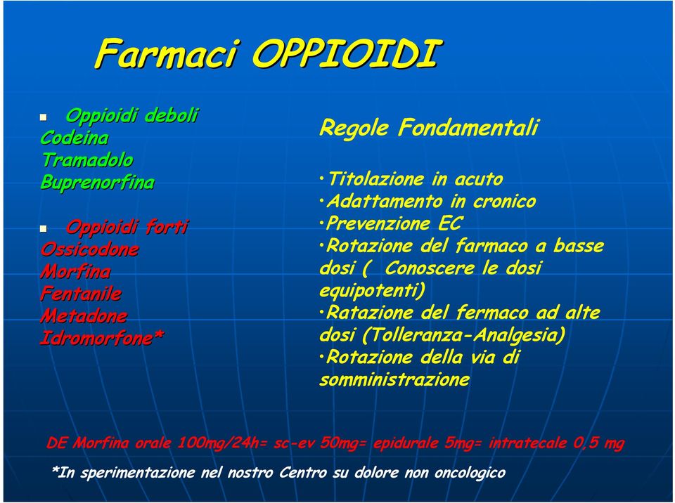 ( Conoscere le dosi equipotenti) Ratazione del fermaco ad alte dosi (Tolleranza-Analgesia) Rotazione della via di