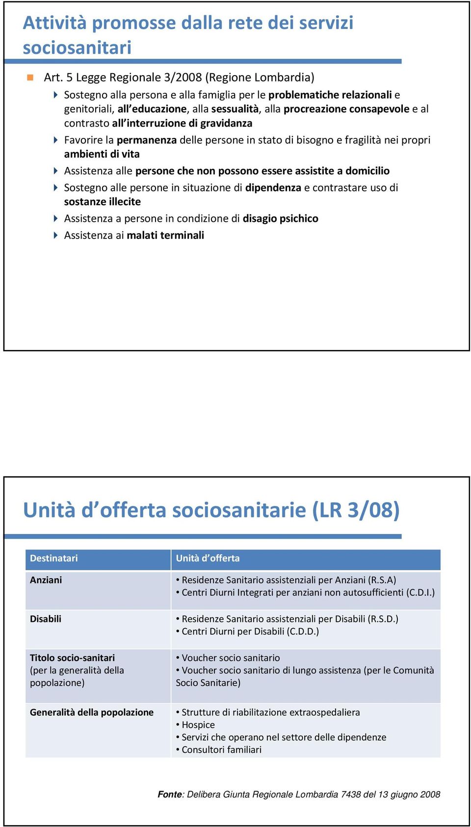 contrasto all interruzione di gravidanza Favorire la permanenzadelle persone in stato di bisogno e fragilitànei propri ambienti di vita Assistenza alle persone che non possono essere assistite a