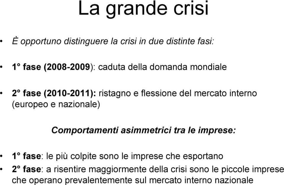 Comportamenti asimmetrici tra le imprese: 1 fase: le più colpite sono le imprese che esportano 2 fase: a