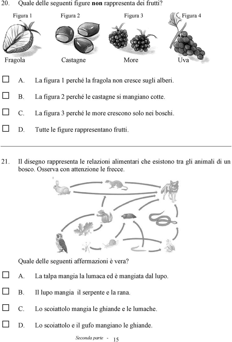 Tutte le figure rappresentano frutti. 21. Il disegno rappresenta le relazioni alimentari che esistono tra gli animali di un bosco. Osserva con attenzione le frecce.