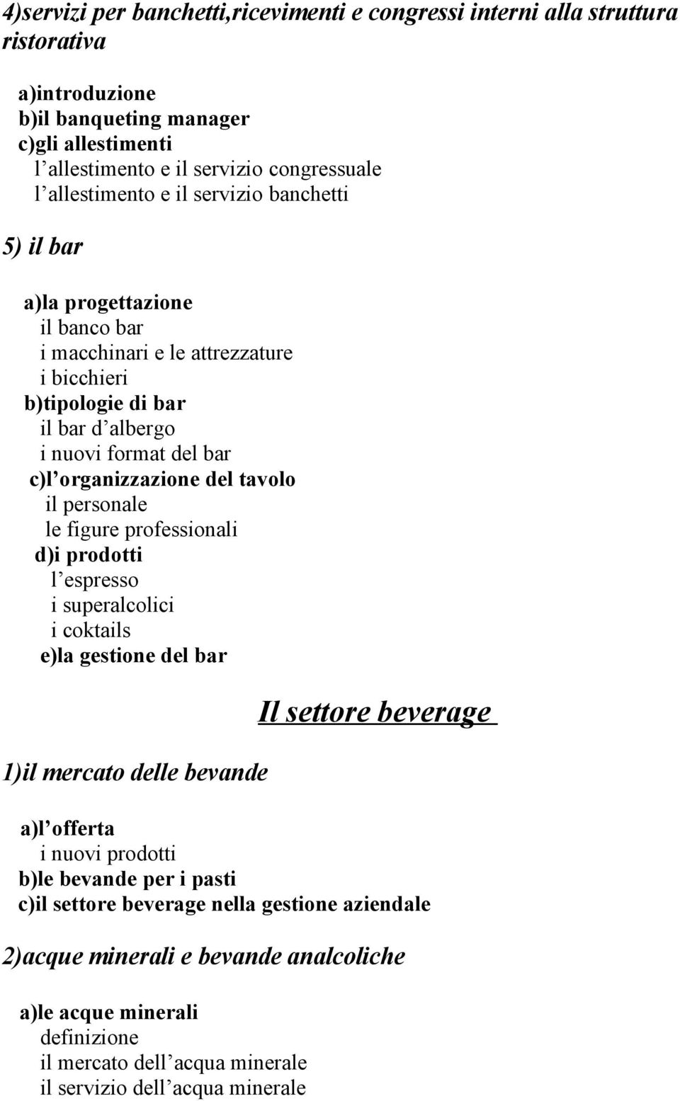 il personale le figure professionali d)i prodotti l espresso i superalcolici i coktails e)la gestione del bar 1)il mercato delle bevande Il settore beverage a)l offerta i nuovi prodotti b)le