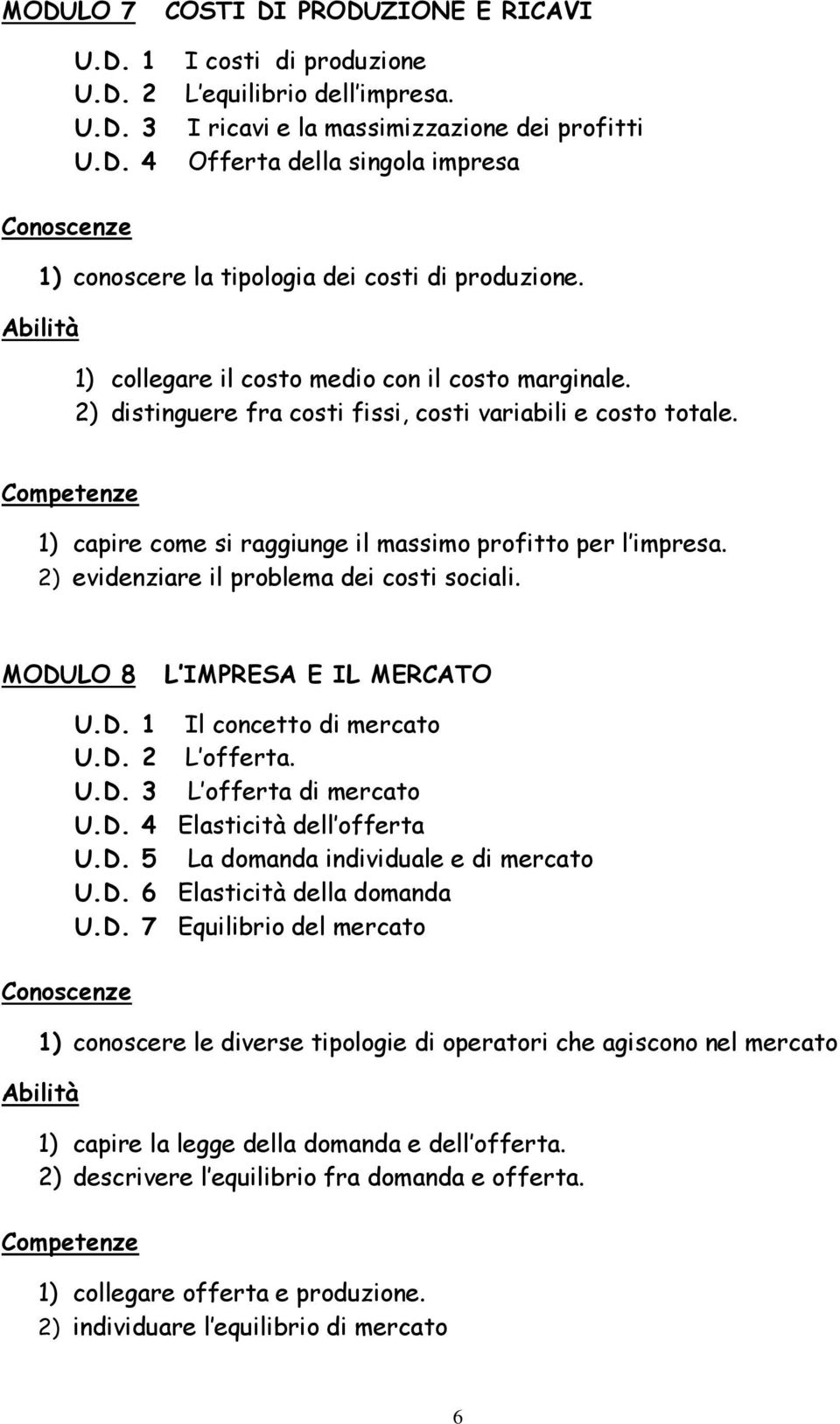 2) evidenziare il problema dei costi sociali. MODULO 8 L IMPRESA E IL MERCATO U.D. 1 Il concetto di mercato U.D. 2 L offerta. U.D. 3 L offerta di mercato U.D. 4 Elasticità dell offerta U.D. 5 La domanda individuale e di mercato U.