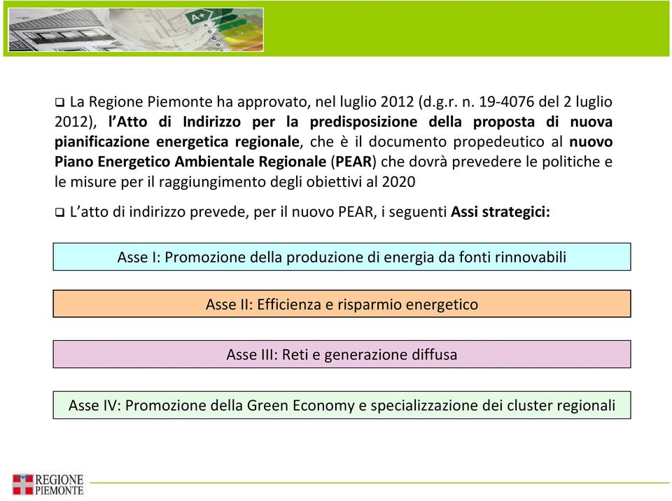 19-4076 del 2 luglio 2012), l Atto di Indirizzo per la predisposizione della proposta di nuova pianificazione energetica regionale, che è il documento propedeutico al