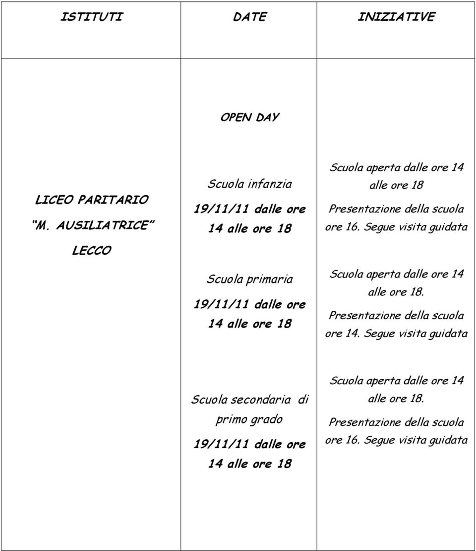 aperta dalle ore 14 alle ore 18 Presentazione della scuola ore 16.