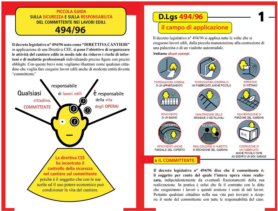 Lgs 494/96 494/96 il campo di applicazione Il decreto legislativo n 494/96 noto come DIRETTIVA CANTIERI in applicazione di una Direttiva CEE, si pone l obiettivo di organizzare le attività del