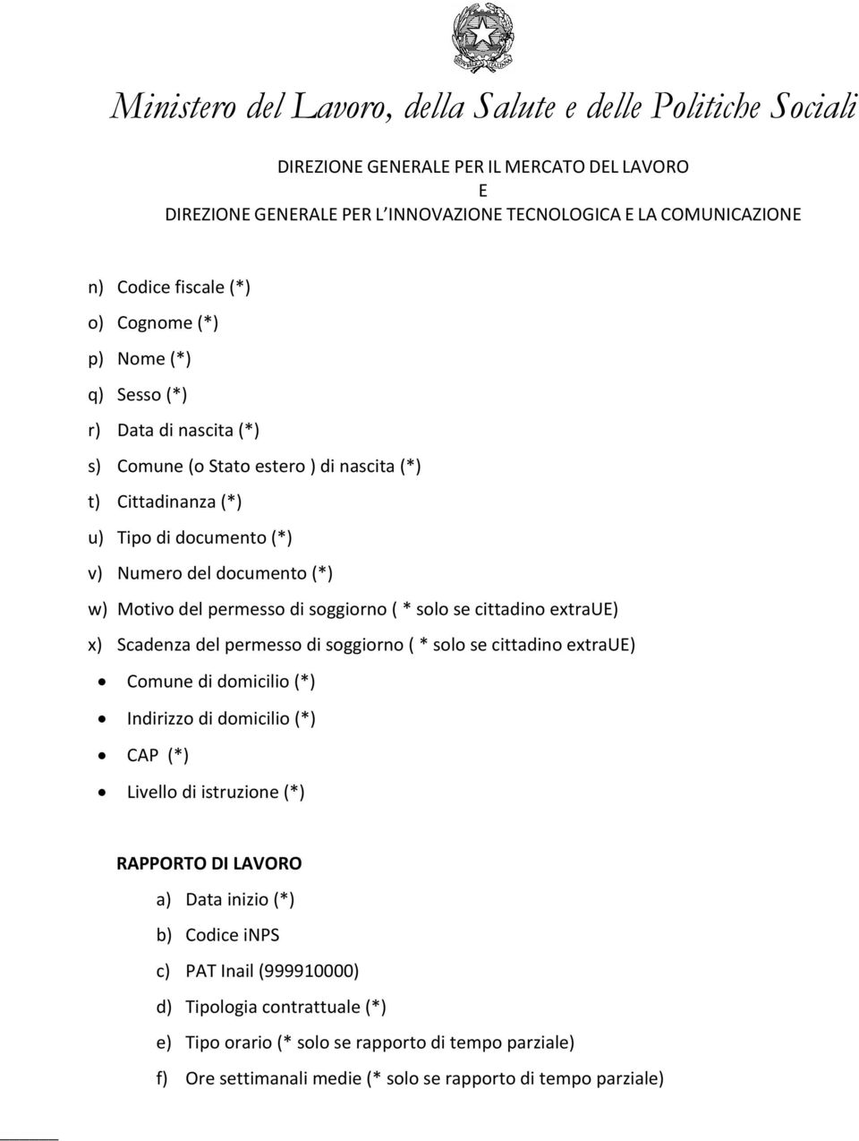 soggiorno ( * solo se cittadino extrau) Comune di domicilio (*) Indirizzo di domicilio (*) CAP (*) Livello di istruzione (*) RAPPORTO DI LAVORO a) Data inizio (*) b)