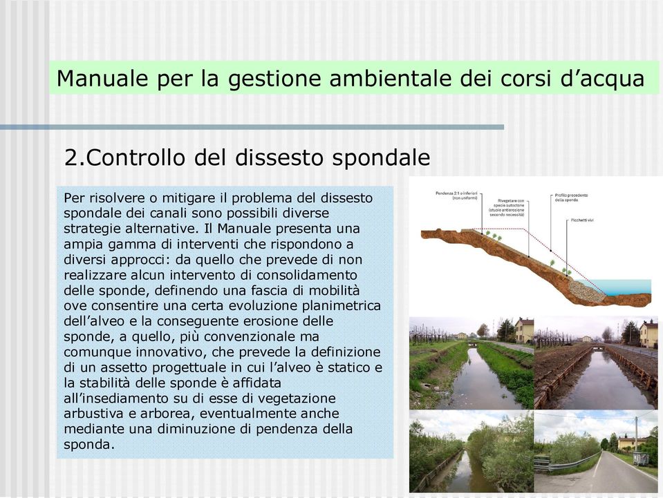 Il Manuale presenta una ampia gamma di interventi che rispondono a diversi approcci: da quello che prevede di non realizzare alcun intervento di consolidamento delle sponde, definendo una fascia di