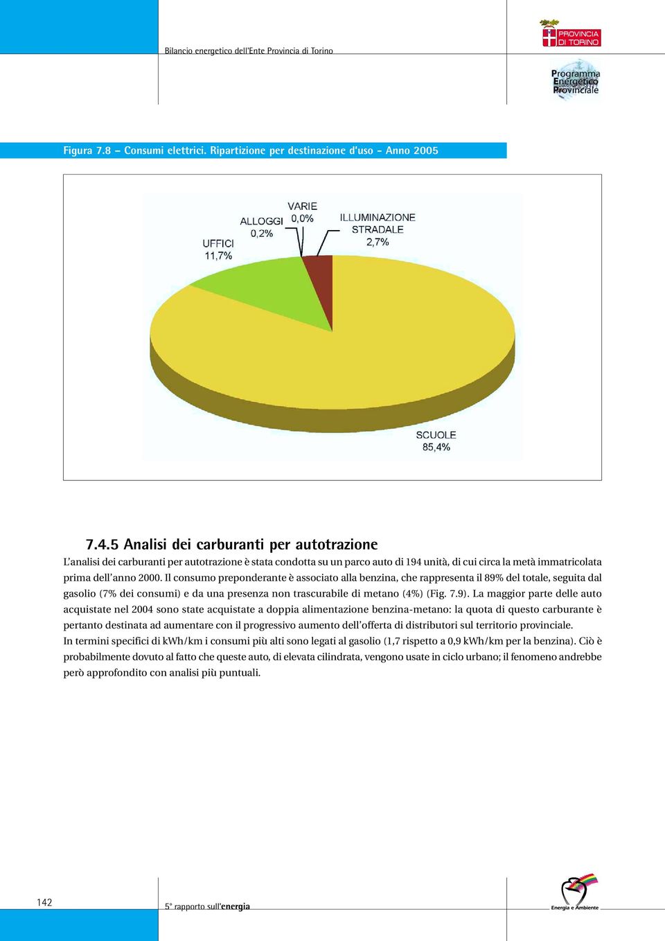 Il consumo preponderante è associato alla benzina, che rappresenta il 89% del totale, seguita dal gasolio (7% dei consumi) e da una presenza non trascurabile di metano (4%) (Fig. 7.9).