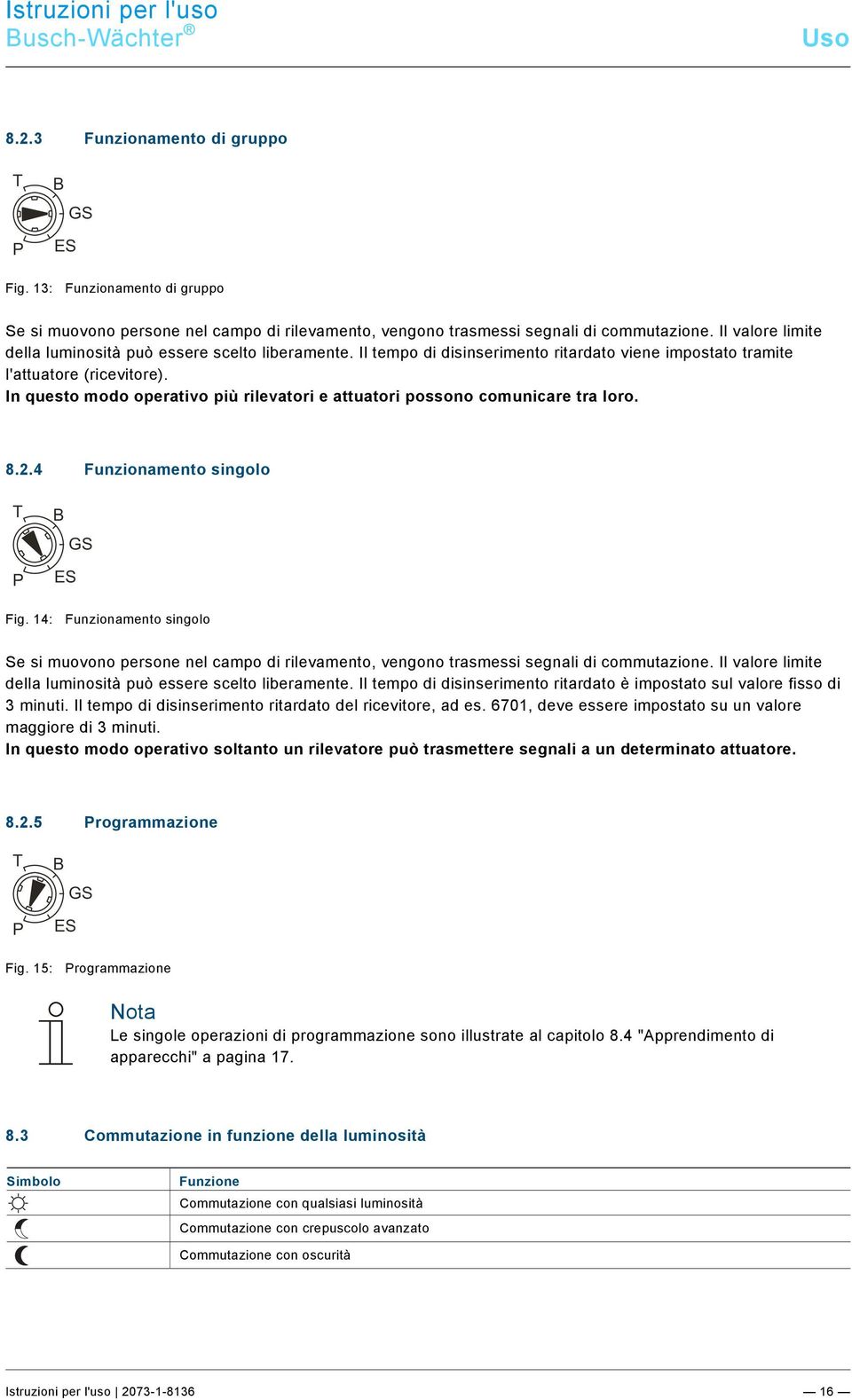 In questo modo operativo più rilevatori e attuatori possono comunicare tra loro. 8.2.4 Funzionamento singolo T P B GS ES Fig.