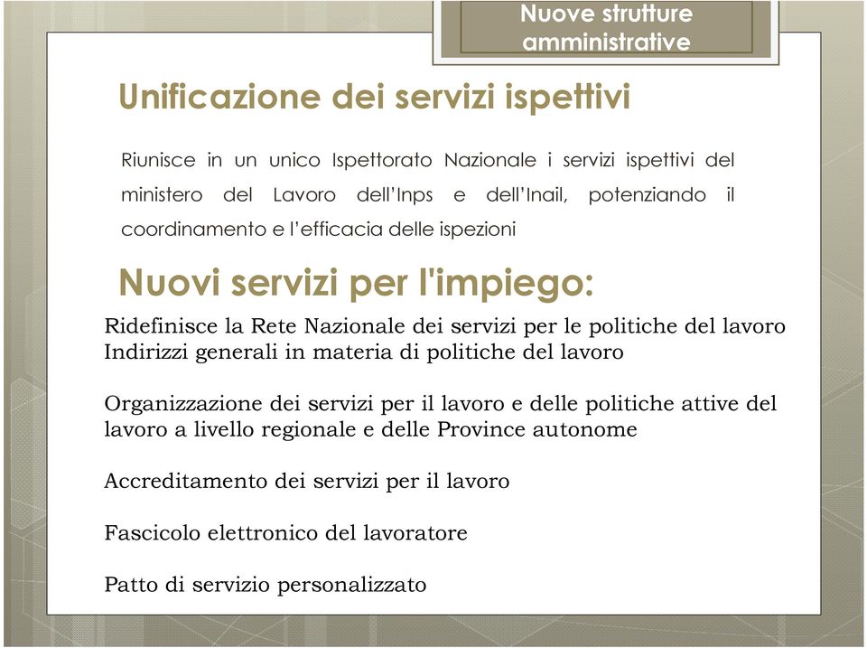 per le politiche del lavoro Indirizzi generali in materia di politiche del lavoro Organizzazione dei servizi per il lavoro e delle politiche attive del