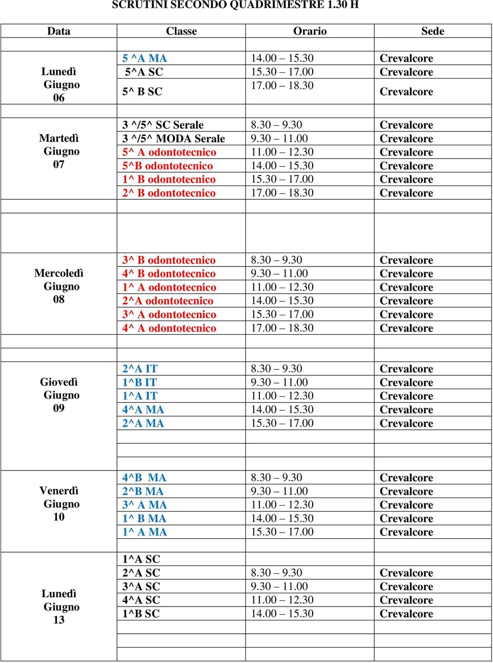 30 Crevalcore 08 3^ B odontotecnico 8.30 9.30 Crevalcore 4^ B odontotecnico 9.30 11.00 Crevalcore 1^ A odontotecnico 11.00 12.30 Crevalcore 2^A odontotecnico 14.00 15.