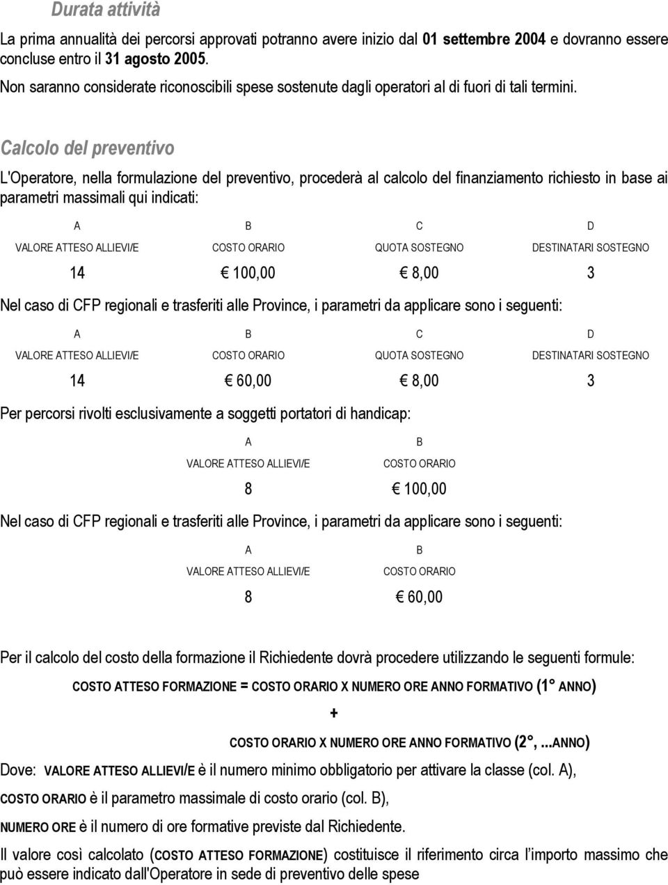 Calcolo del preventivo L'Operatore, nella formulazione del preventivo, procederà al calcolo del finanziamento richiesto in base ai parametri massimali qui indicati: A B C D VALORE ATTESO ALLIEVI/E