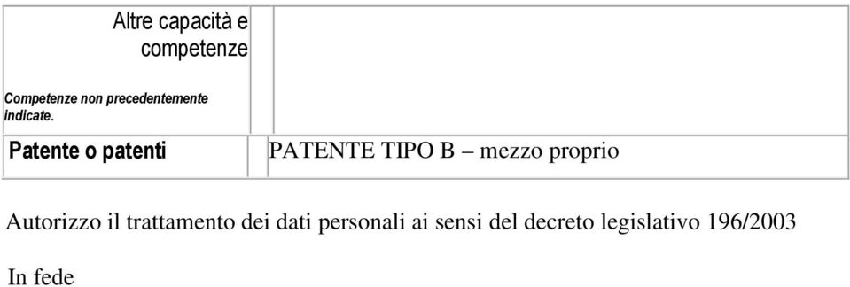 Patente o patenti PATENTE TIPO B mezzo proprio