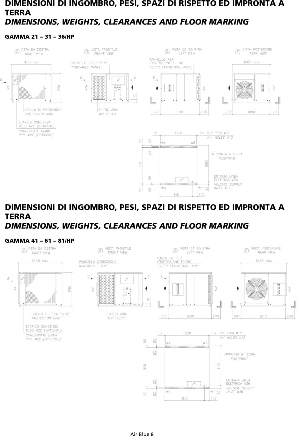 DIMENSIONS, WEIGHTS, CLEARANCES AND FLOOR MARKING GAMMA 41 61 81/HP