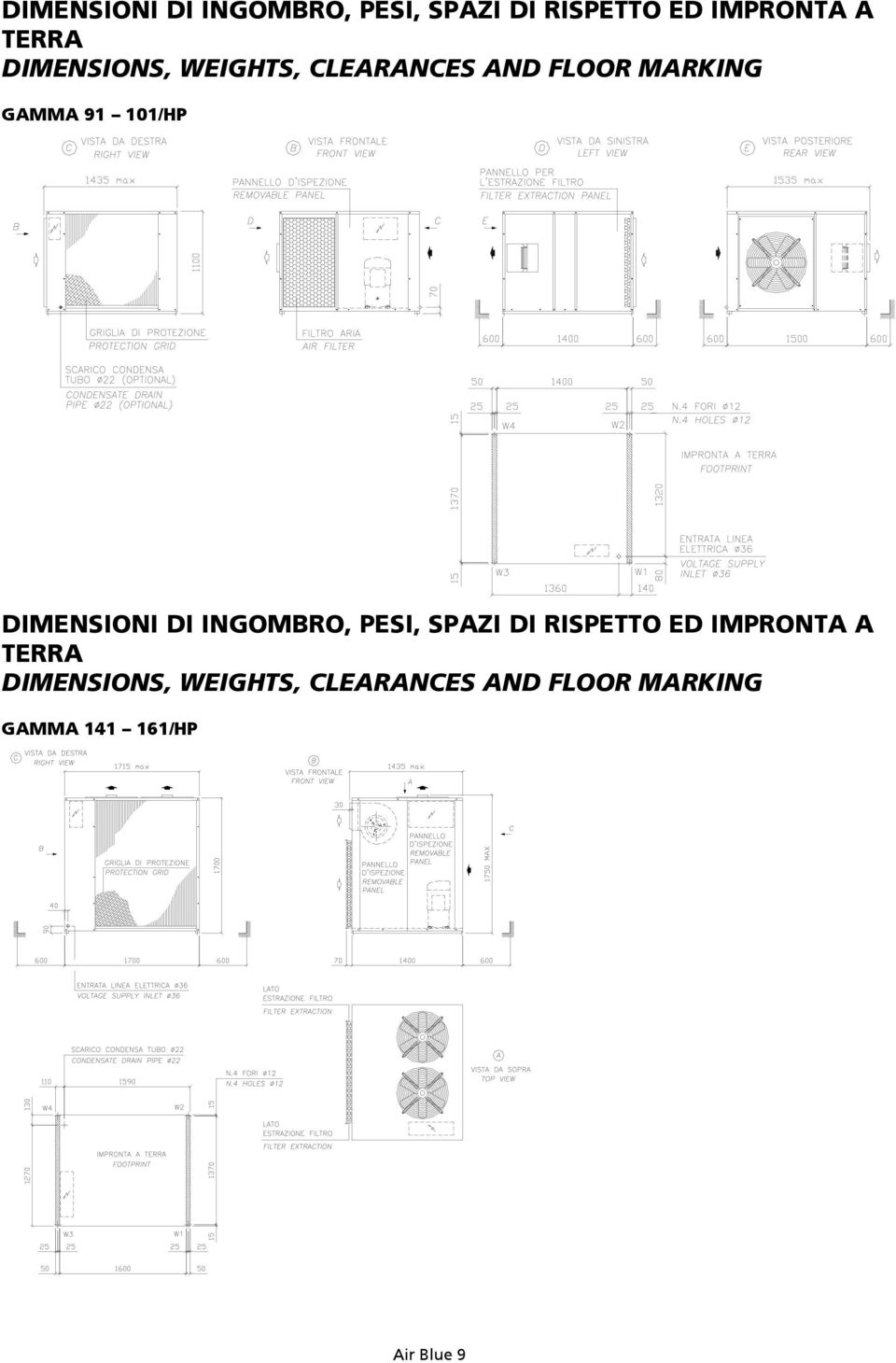 DIMENSIONS, WEIGHTS, CLEARANCES AND FLOOR MARKING GAMMA 141 161/HP