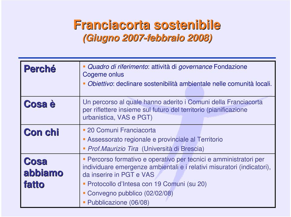 Un percorso al quale hanno aderito i Comuni della Franciacorta per riflettere insieme sul futuro del territorio (pianificazione urbanistica, VAS e PGT) 20 Comuni Franciacorta Assessorato