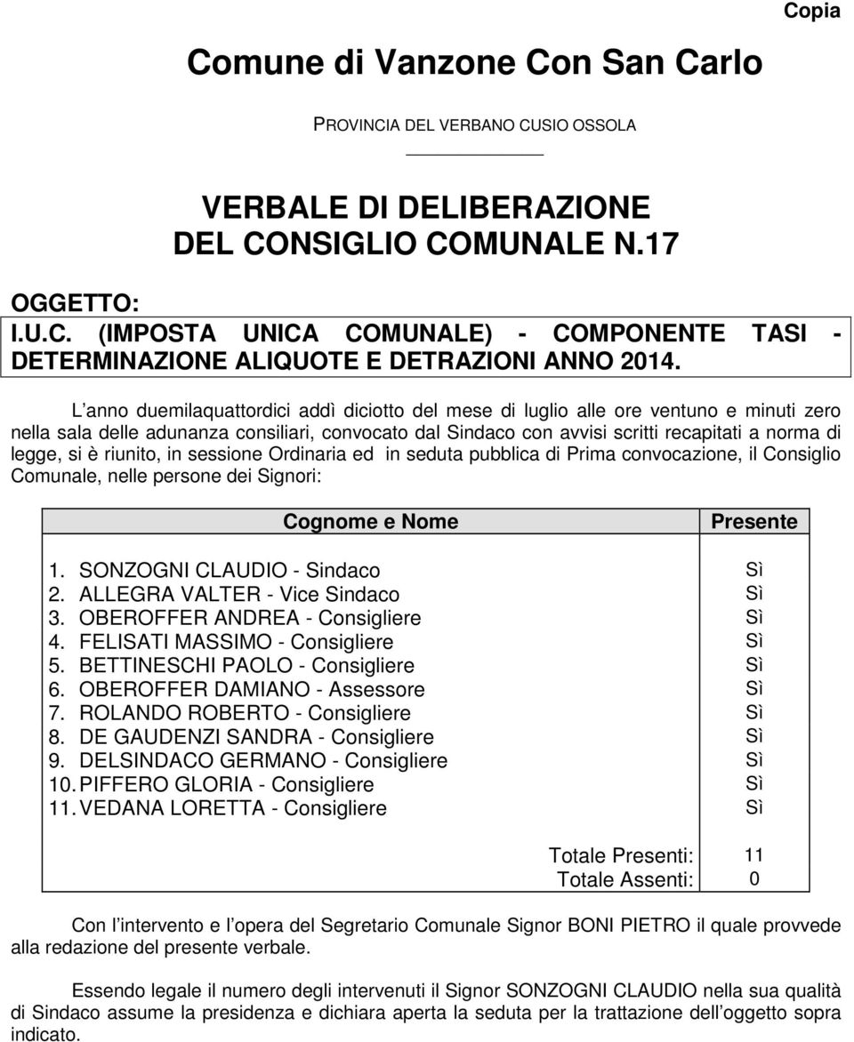 si è riunito, in sessione Ordinaria ed in seduta pubblica di Prima convocazione, il Consiglio Comunale, nelle persone dei Signori: Cognome e Nome Presente 1. SONZOGNI CLAUDIO - Sindaco Sì 2.