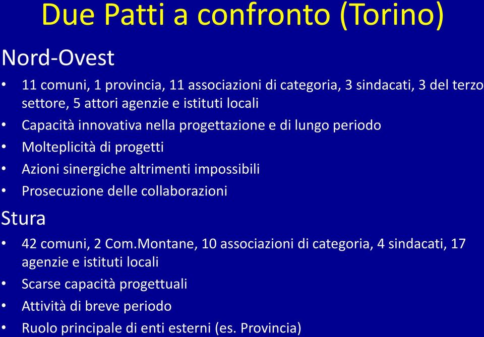 sinergiche altrimenti impossibili Prosecuzione delle collaborazioni Stura 42 comuni, 2 Com.