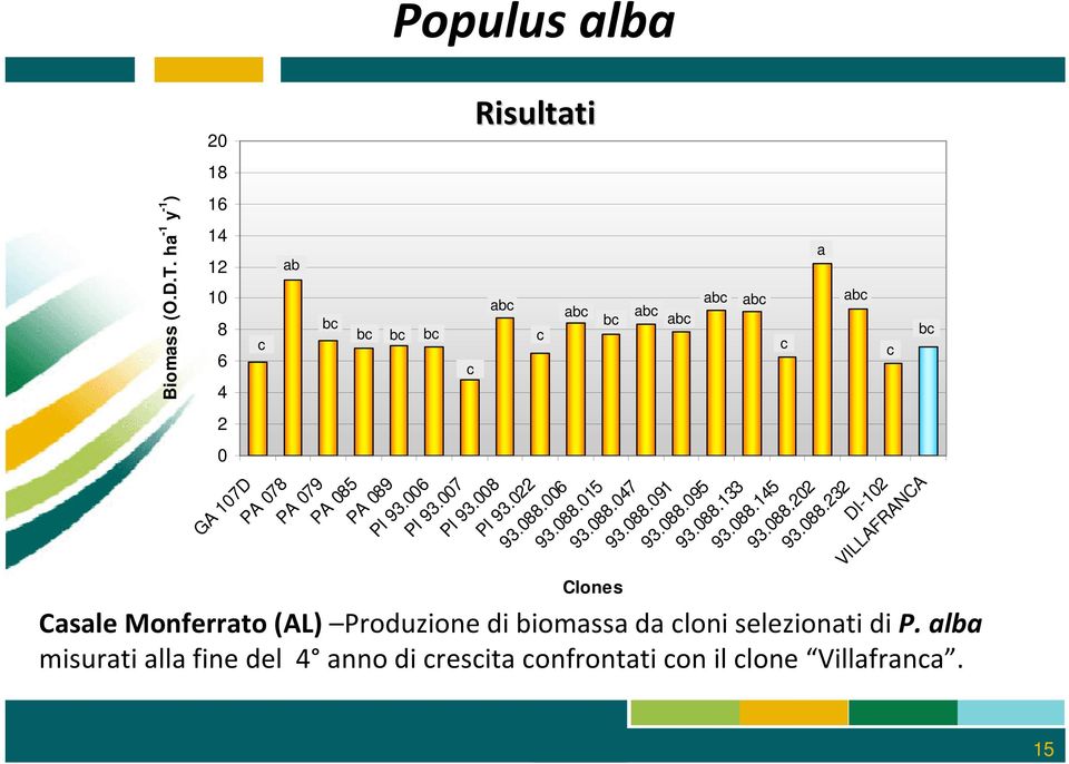 alba misurati alla fine del 4 anno di crescita confrontati con il clone Villafranca. 15 Biomass (O.D.T.