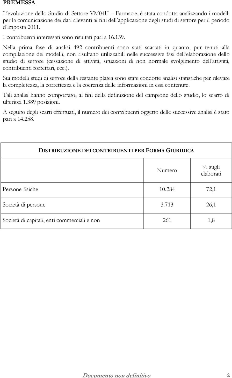 Nella prima fase di analisi 492 contribuenti sono stati scartati in quanto, pur tenuti alla compilazione dei modelli, non risultano utilizzabili nelle successive fasi dell elaborazione dello studio