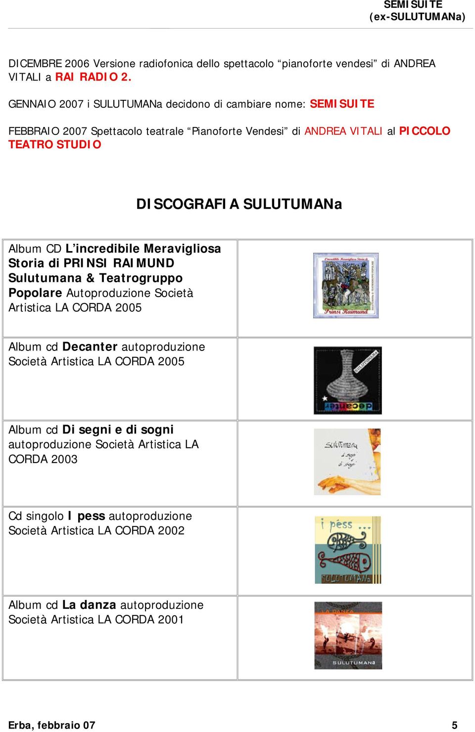 SULUTUMANa Album CD L incredibile Meravigliosa Storia di PRINSI RAIMUND Sulutumana & Teatrogruppo Popolare Autoproduzione Società Artistica LA CORDA 2005 Album cd Decanter