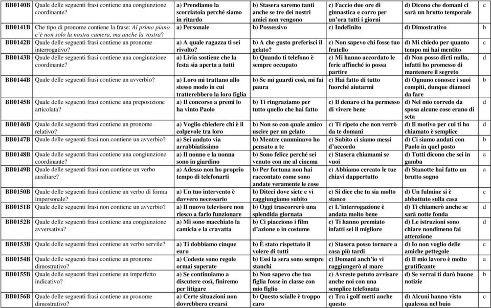 BB0145B Qule elle seguenti frsi ontiene un preposizione rtiolt? BB0146B Qule elle seguenti frsi ontiene un pronome reltivo? BB0147B Qule elle seguenti frsi non ontiene un vverio?