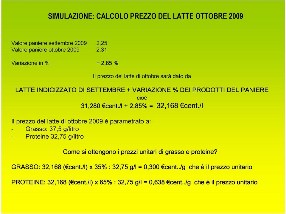 /l Il prezzo del latte di ottobre 2009 è parametrato a: - Grasso: 37,5 g/litro - Proteine 32,75 g/litro 32,168 cent.