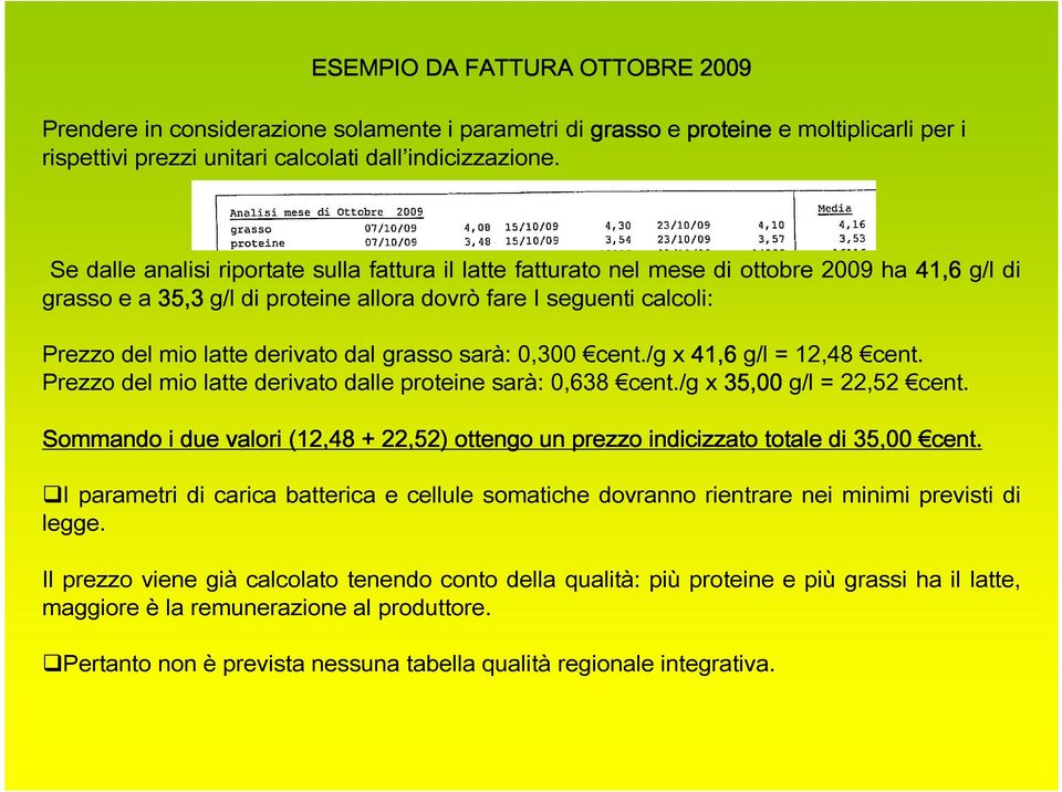 dal grasso sarà: 0,300 cent./g x 41,6 g/l = 12,48 cent. Prezzo del mio latte derivato dalle proteine sarà: 0,638 cent./g x 35,00 g/l = 22,52 cent.