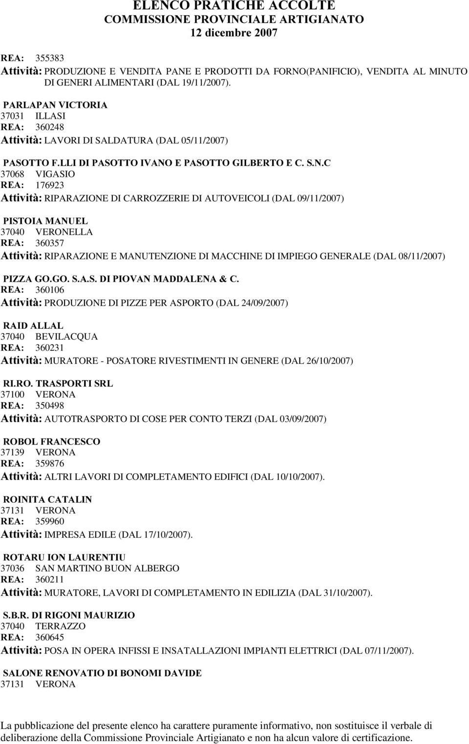 AUTOVEICOLI (DAL 09/11/2007) 3,672,$0$18(/ 37040 VERONELLA 5($ 360357 $WWLYLWj RIPARAZIONE E MANUTENZIONE DI MACCHINE DI IMPIEGO GENERALE (DAL 08/11/2007) 3,==$*2*26$6',3,29$10$''$/(1$ & 5($ 360106