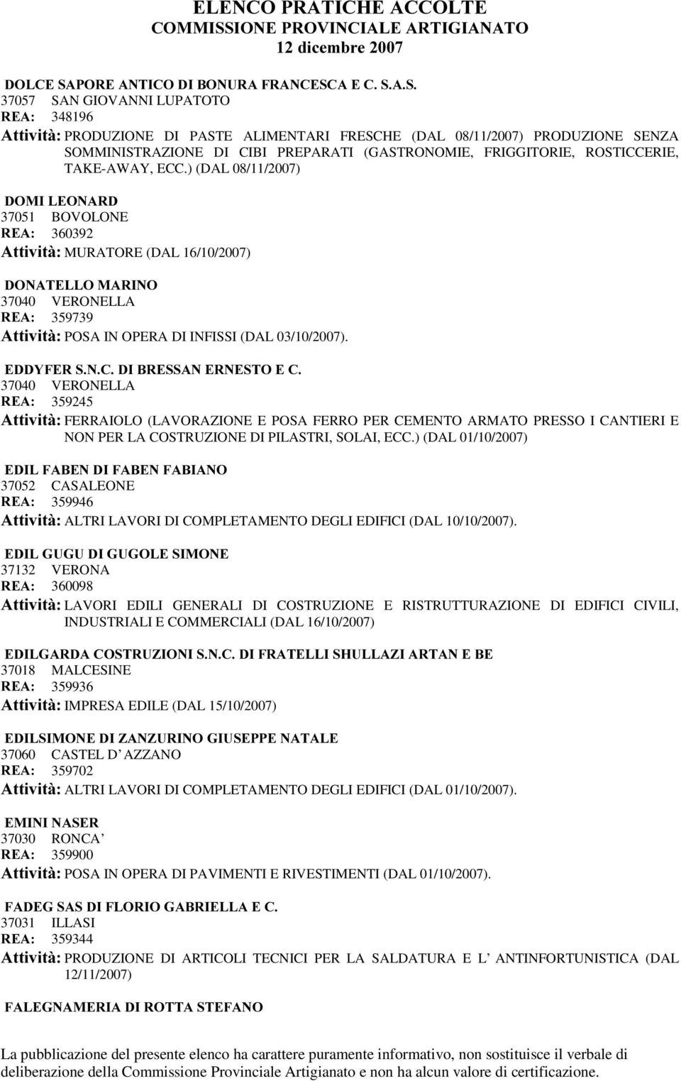 ) (DAL 08/11/2007) '20,/(21$5' 37051 BOVOLONE 5($ 360392 $WWLYLWj MURATORE (DAL 16/10/2007) '21$7(//20$5,12 37040 VERONELLA 5($ 359739 $WWLYLWj POSA IN OPERA DI INFISSI (DAL 03/10/2007).