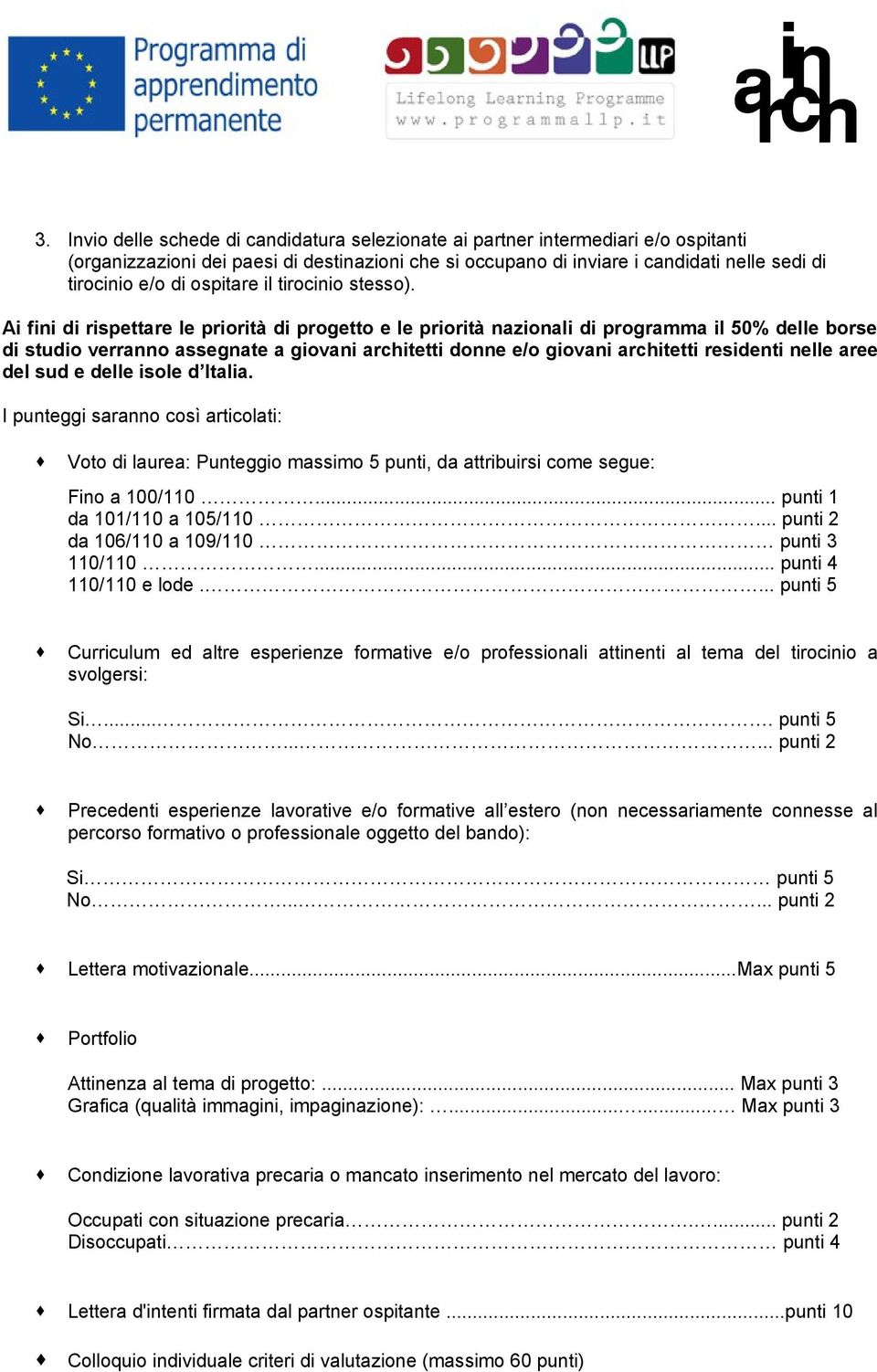 Ai fini di rispettare le priorità di progetto e le priorità nazionali di programma il 50% delle borse di studio verranno assegnate a giovani architetti donne e/o giovani architetti residenti nelle