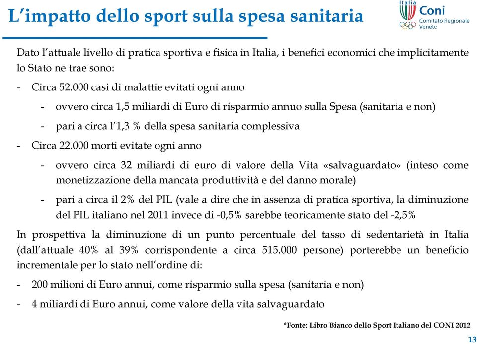 000 morti evitate ogni anno - ovvero circa 32 miliardi di euro di valore della Vita «salvaguardato» (inteso come monetizzazione della mancata produttività e del danno morale) - pari a circa il 2% del