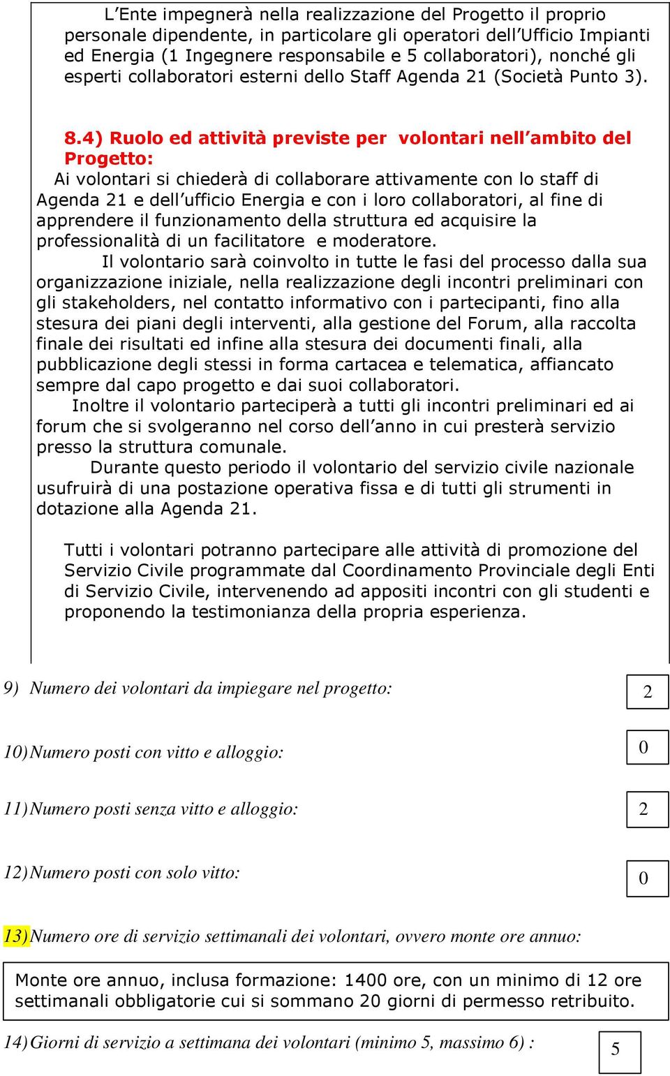 solo vitto: 0 13)Numero ore di servizio settimanali dei volontari, ovvero monte