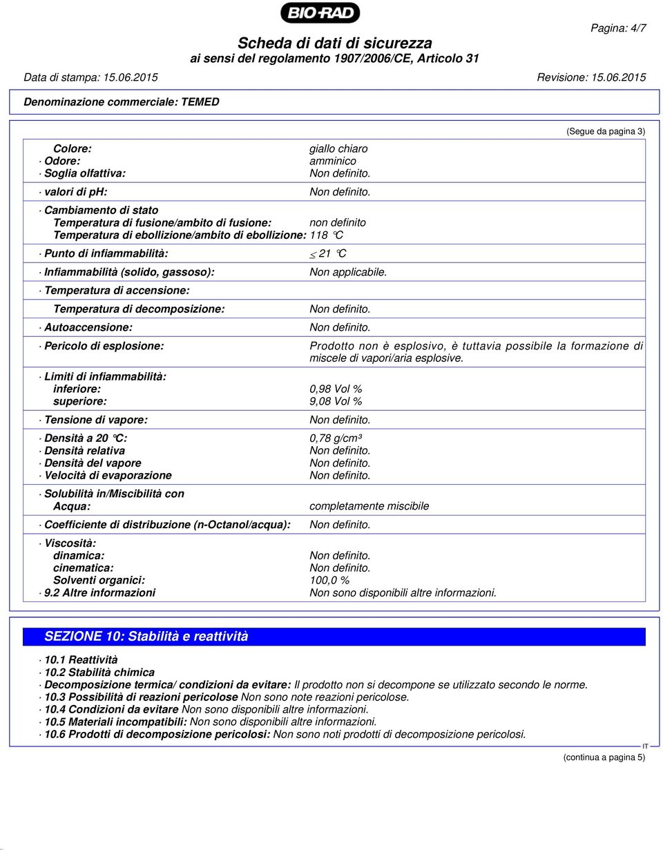 applicabile. Temperatura di accensione: Temperatura di decomposizione: Non definito. Autoaccensione: Non definito.