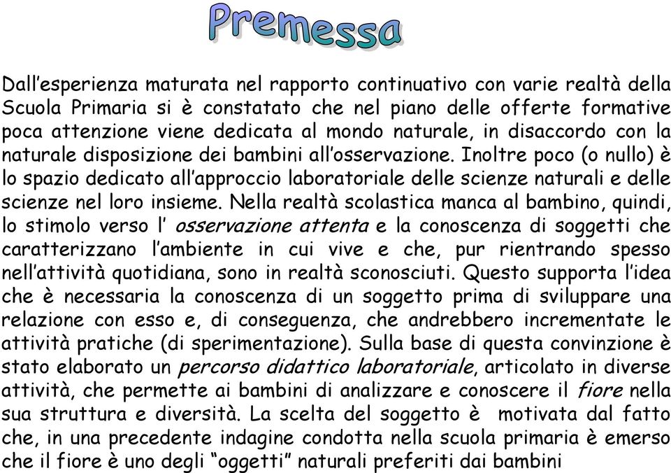 Nella realtà scolastica manca al bambino, quindi, lo stimolo verso l osservazione attenta e la conoscenza di soggetti che caratterizzano l ambiente in cui vive e che, pur rientrando spesso nell