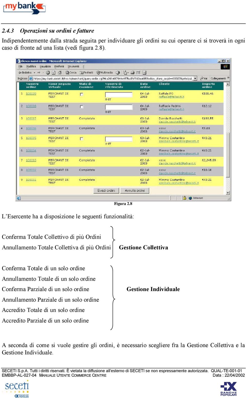 8 L Esercente ha a disposizione le seguenti funzionalità: Conferma Totale Collettivo di più Ordini Annullamento Totale Collettiva di più Ordini Gestione Collettiva Conferma Totale