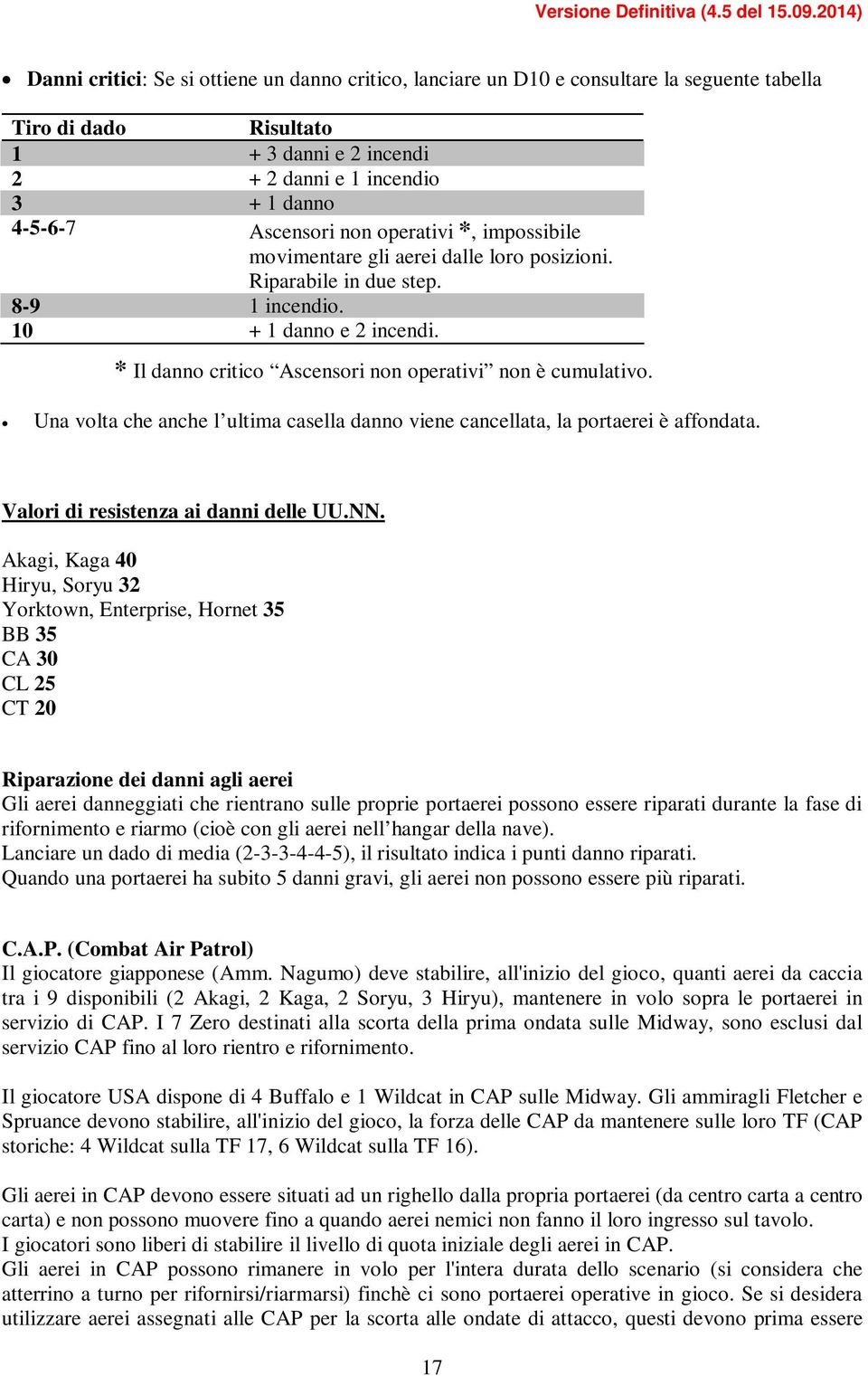 Una volta che anche l ultima casella danno viene cancellata, la portaerei è affondata. Valori di resistenza ai danni delle UU.NN.