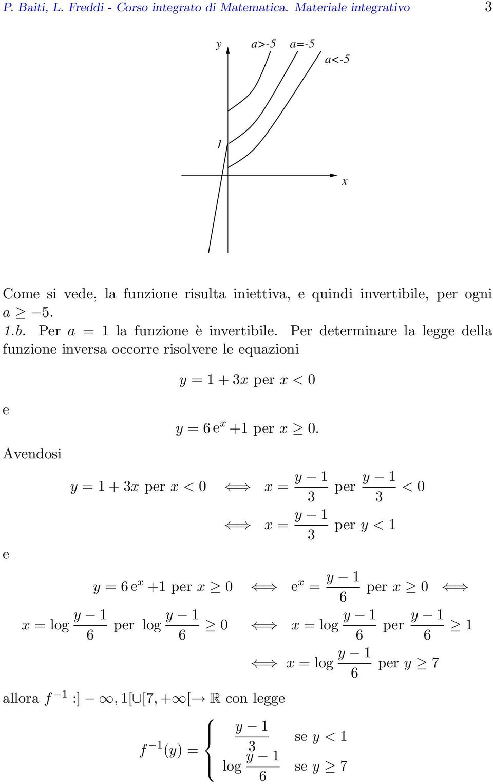 Per determinare la legge della funzione inversa occorre risolvere le equazioni e Avendosi e x = log y 1 y = 1 + 3x per x < 0 y = e x +1 per x 0.