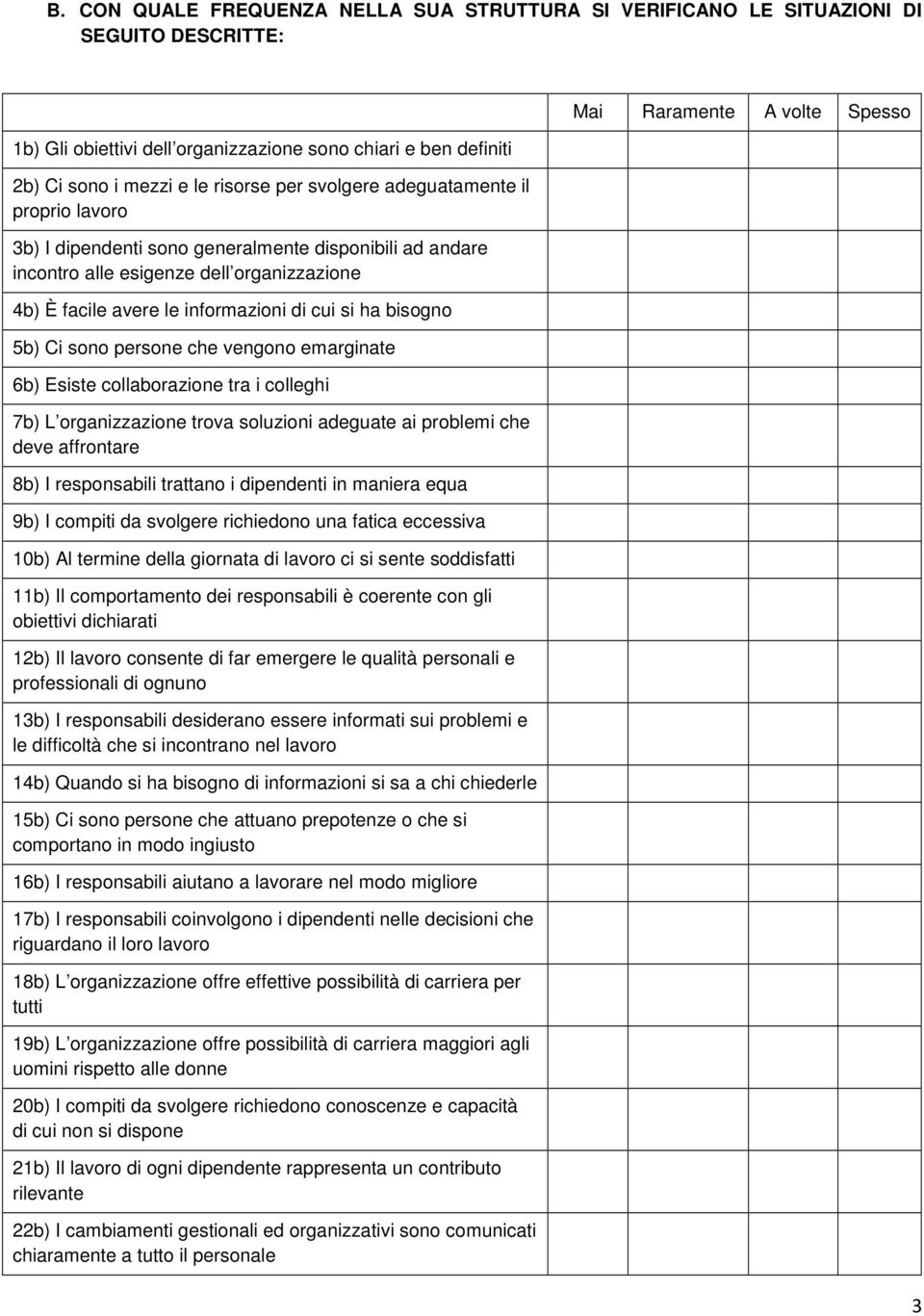 5b) Ci sono persone che vengono emarginate 6b) Esiste collaborazione tra i colleghi 7b) L organizzazione trova soluzioni adeguate ai problemi che deve affrontare 8b) I responsabili trattano i