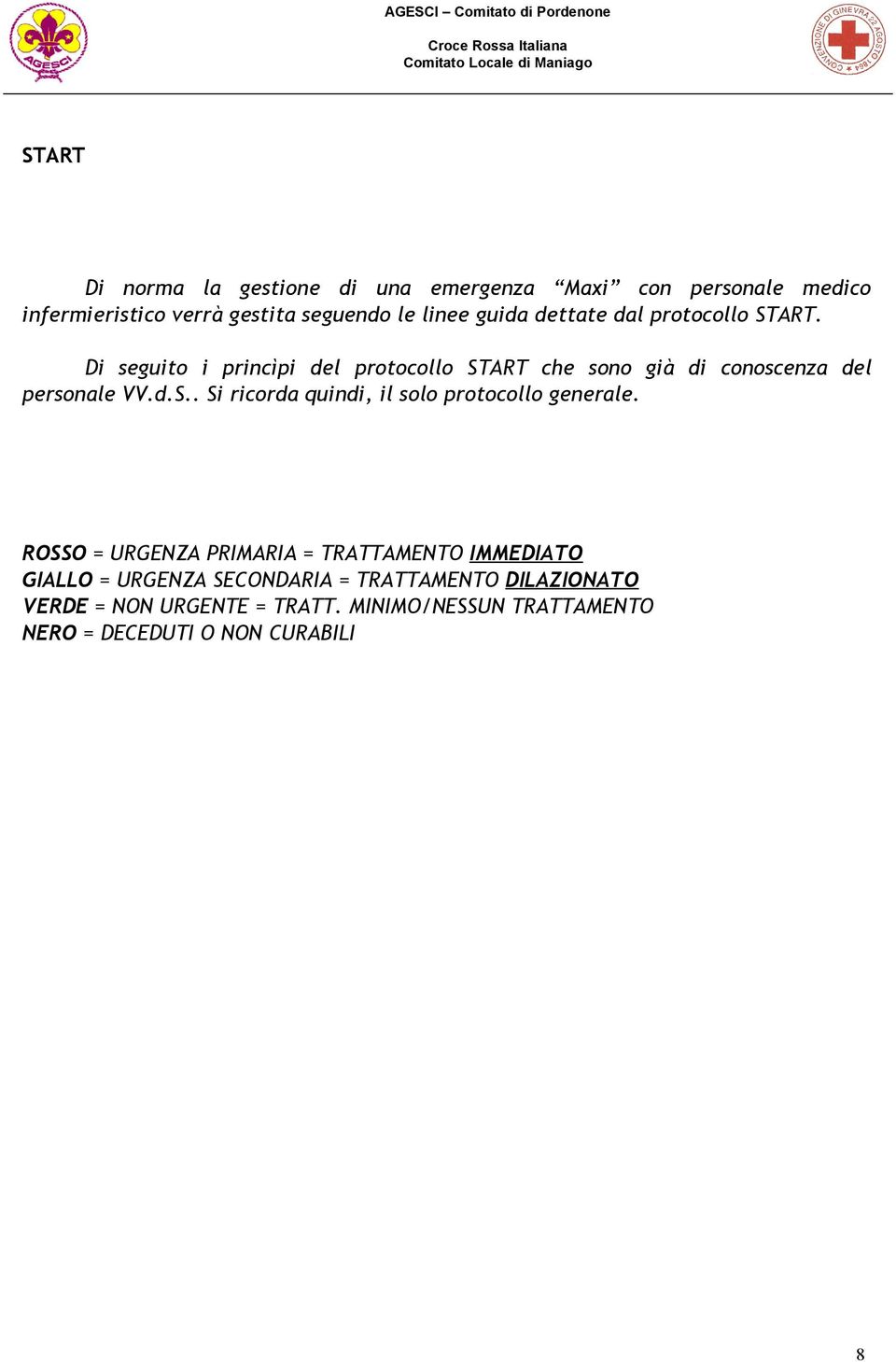 Di seguito i princìpi del protocollo START che sono già di conoscenza del personale VV.d.S.. Si ricorda quindi, il solo protocollo generale.