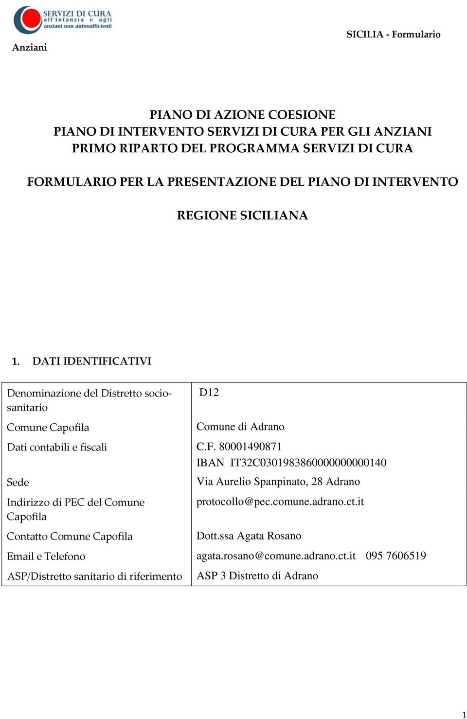 CATIVI Denominazione del Distretto sociosanitario Comune Capofila D12 Comune di Adrano Dati contabili e fiscali C.F.