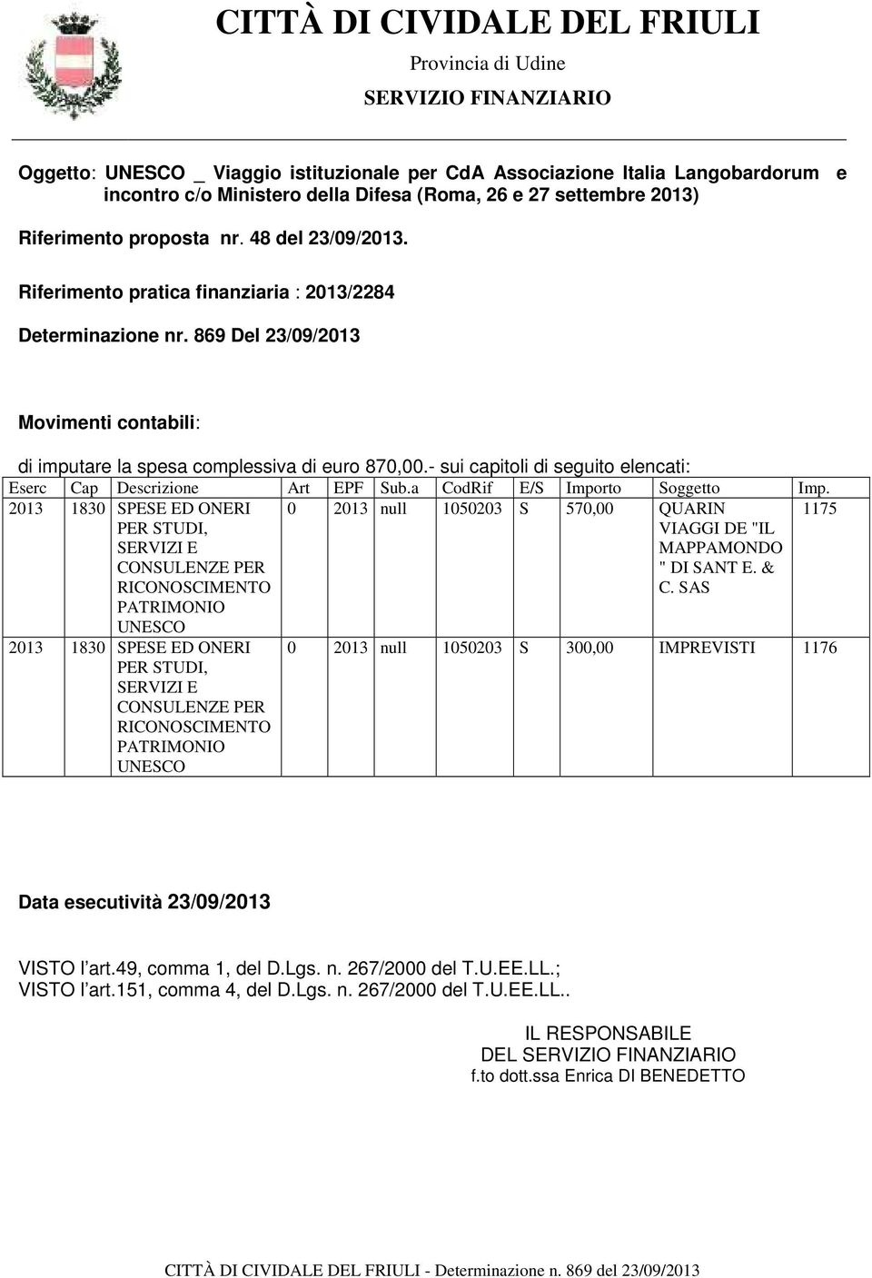 869 Del 23/09/2013 Movimenti contabili: di imputare la spesa complessiva di euro 870,00.- sui capitoli di seguito elencati: Eserc Cap Descrizione Art EPF Sub.a CodRif E/S Importo Soggetto Imp.