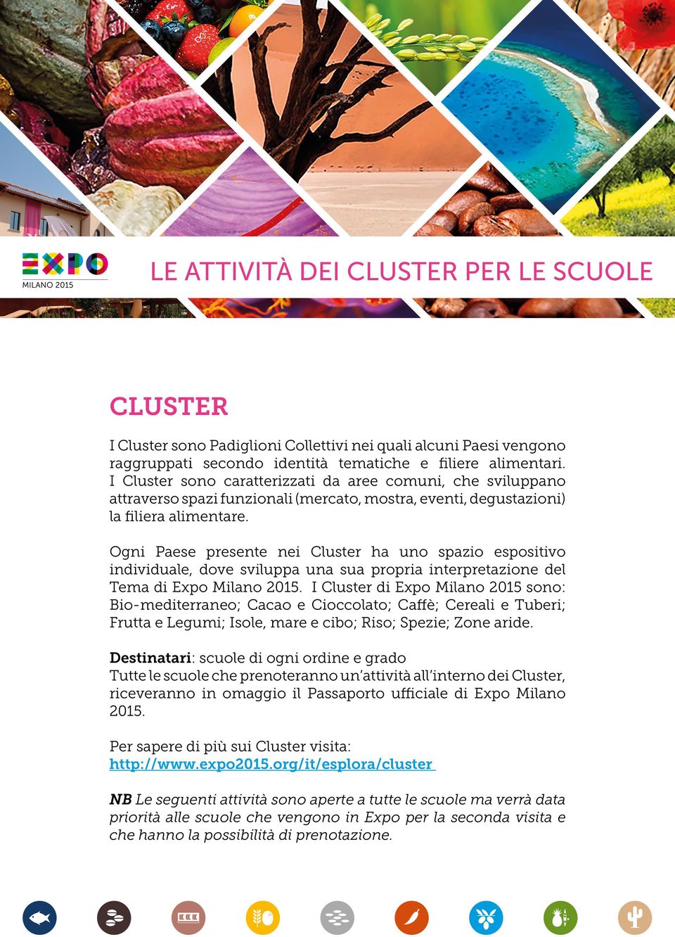 Ogni Paese presente nei Cluster ha uno spazio espositivo individuale, dove sviluppa una sua propria interpretazione del Tema di Expo Milano 2015.