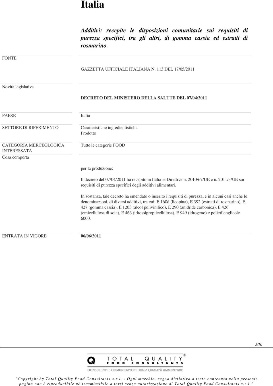 ingredientistiche Prodotto Tutte le categorie FOOD per la produzione: Il decreto del 07/04/2011 ha recepito in Italia le Direttive n. 2010/67/UE e n.