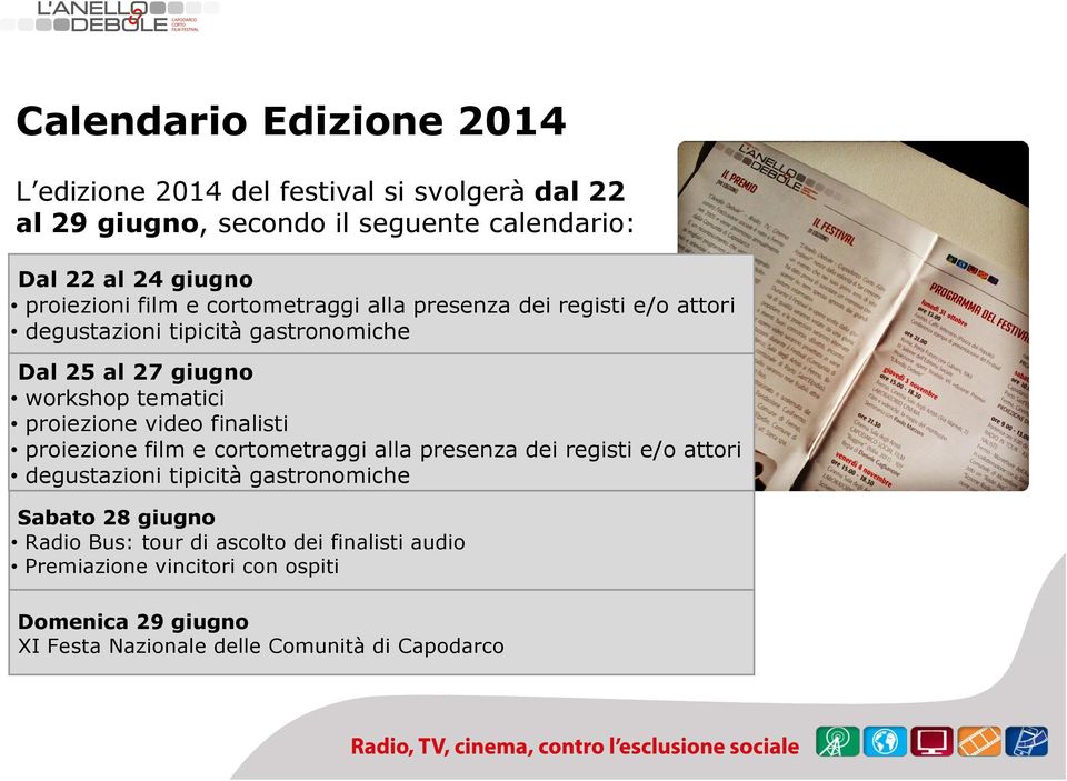 proiezione video finalisti proiezione film e cortometraggi alla presenza dei registi e/o attori degustazioni tipicità gastronomiche Sabato 28