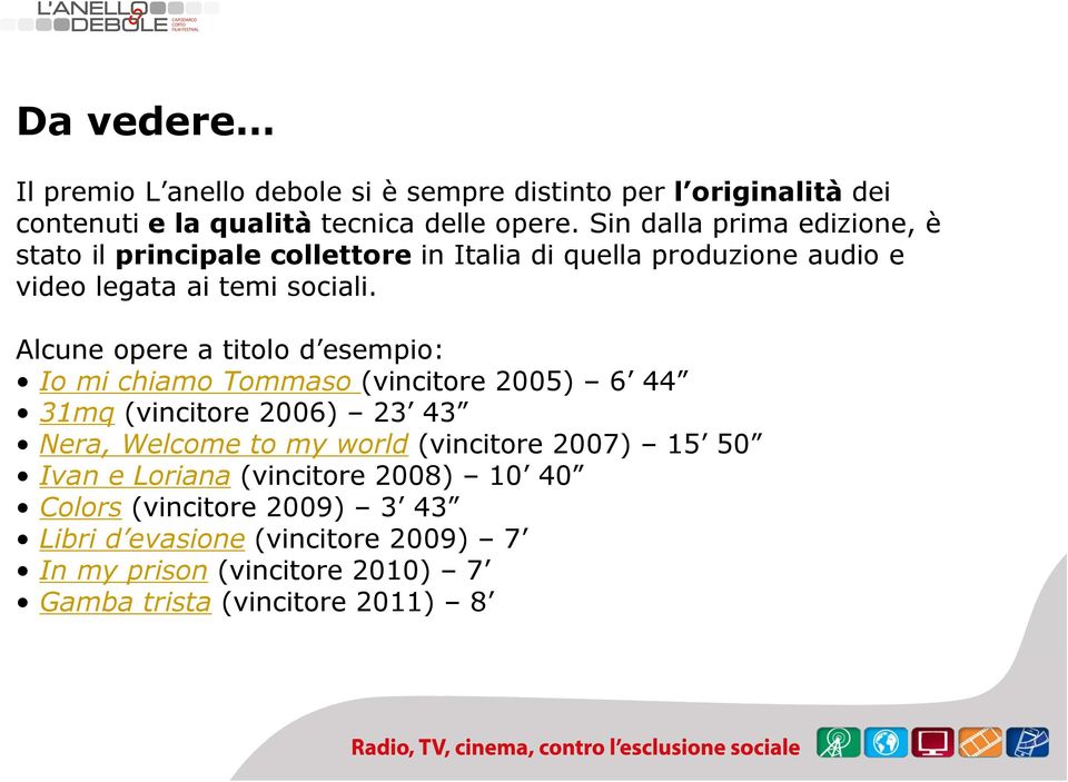 Alcune opere a titolo d esempio: Io mi chiamo Tommaso (vincitore 2005) 6 44 31mq (vincitore 2006) 23 43 Nera, Welcome to my world (vincitore