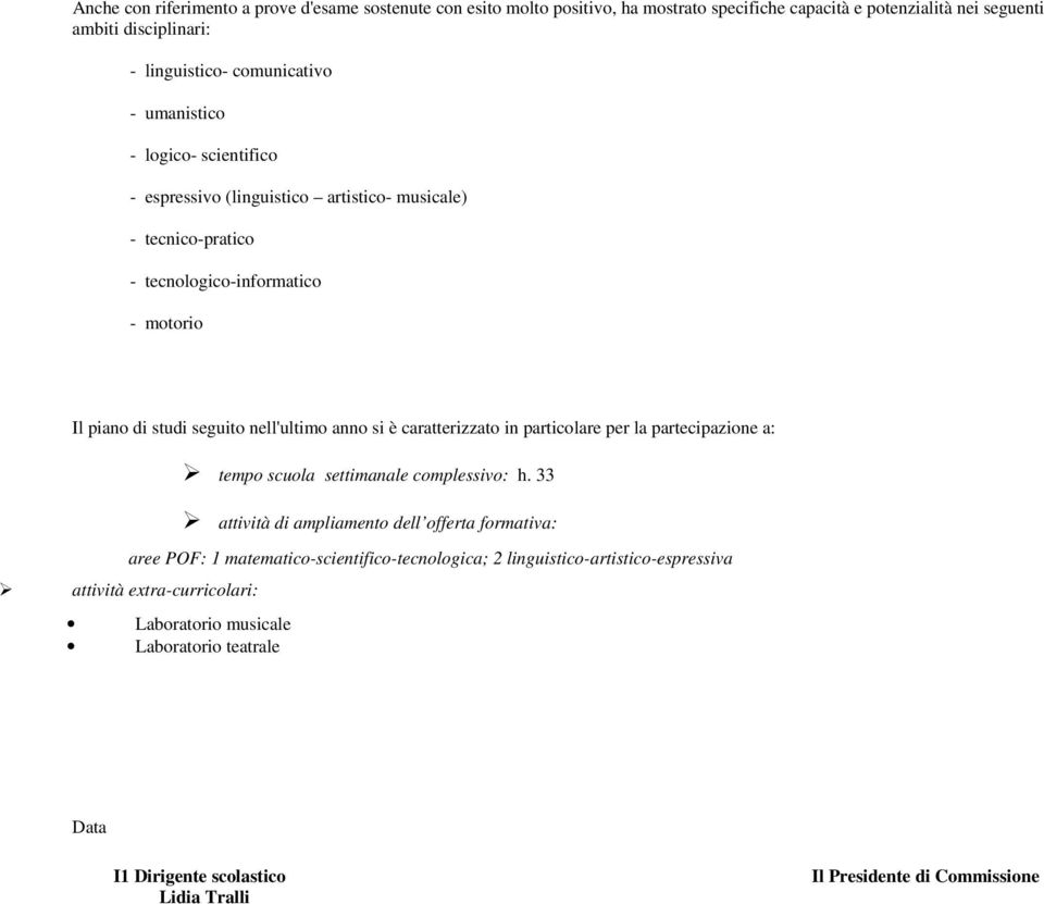 caratterizzato in particolare per la partecipazione a: tempo scuola settimanale complessivo: h.